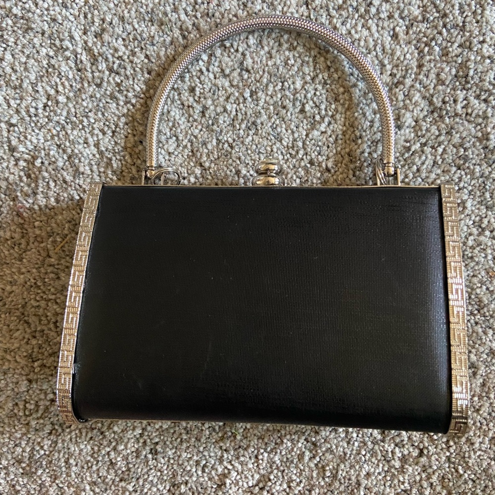 Black Clutch Purse with Handle Diamond and Silver Accent